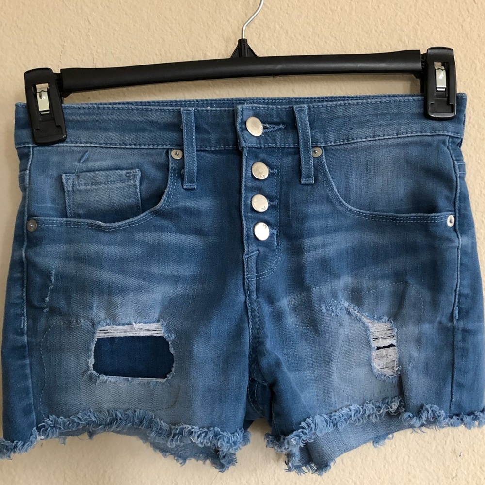 Blue High Waisted Ripped Denim Shorts.